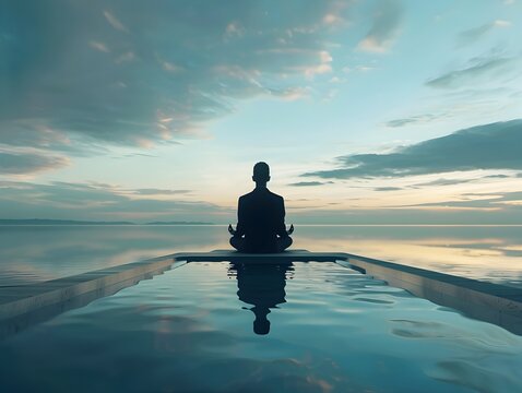 Silhouetted Business Leader Reflects in Serene Lake at Sunset Symbolizing Balance and Mental Clarity in Leadership