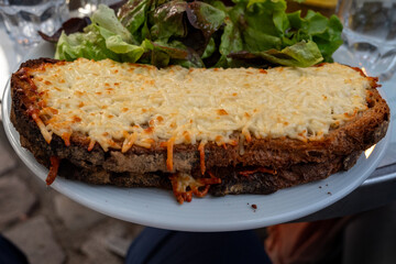 croque monsieur - a traditional french cheese and ham sandwich served toasted