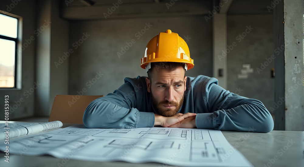 Wall mural a man in a hard hat is sitting at a desk with papers in front of him