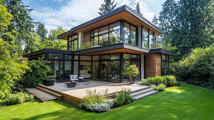 Modern house exterior with green lawn and garden in a sunny day.