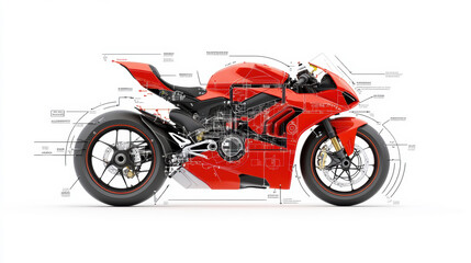 Obraz premium Sleek Red Motorcycle with Technical Blueprint Overlay
