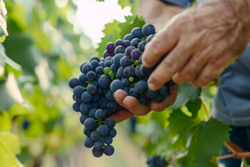Generative AI image of hands holding fresh grapes in vineyard