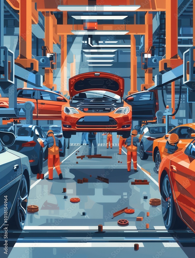 Poster workers are engaged in the detailed installation and inspection of car interiors on the factory floo