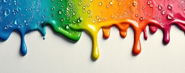 Colorful paint drips with water droplets on a white background.