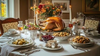 Fototapeta premium Traditional Thanksgiving table with turkey, stuffing, and cranberry sauce. Copy space available.
