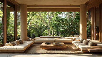 Fototapeta premium Modern Tropical Living Room with Natural Wood Furniture and Lush Greenery View