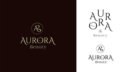 Aurura logo for beauty salon or shop. Includes a monogram of the letters AB, a logomark, a main and an additional version.