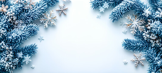 D&eacute;corations de No&euml;l avec flocons de neige et branches de sapin sur fond blanc