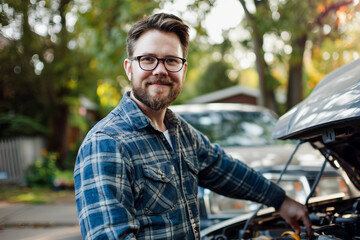 Generative AI picture photo Car mechanic working with broken engine car service banner