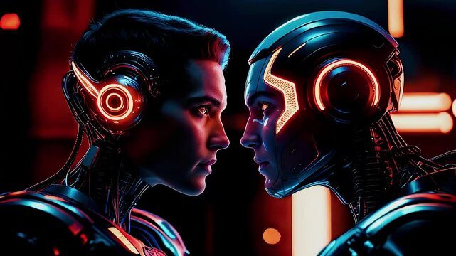 A human and robot stare at each other in a dark room. The robot has a glowing red light around its head.