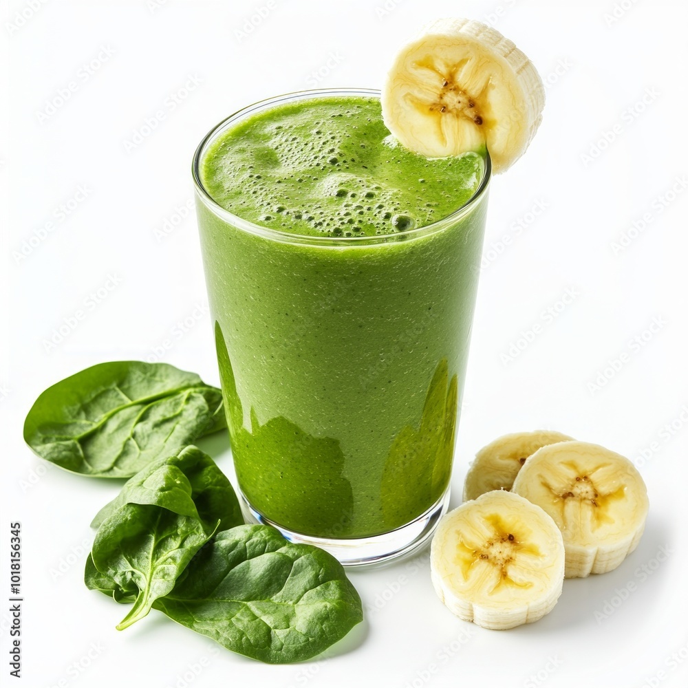 Poster Fresh green smoothie in a clear glass. The smoothie is made with spinach and banana. Perfect for a healthy diet or refreshing drink. Ideal for fitness enthusiasts looking for nutrition. AI