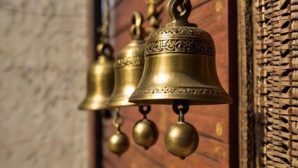 Obraz premium Hanging brass bells used in Vastu for cleansing negative energy and inviting positivity into homes and temples. Perfect for entryways or prayer rooms.
