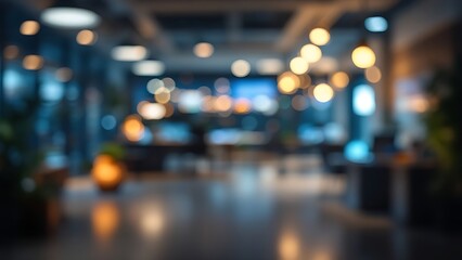This image shows a blurred view of a modern office space with desks, chairs, and hanging lights, creating a warm and professional atmosphere
