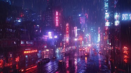 Fototapeta premium Neon-Lit Cityscape Under Rain