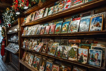 Christmas greeting cards displayed in a shop showcase, colorful festive scene.