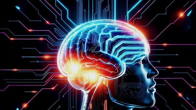 A digital rendering of a human brain glowing with blue and red light, surrounded by circuit board patterns.