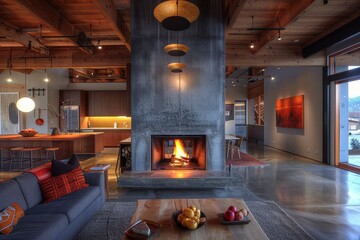 Mid-century modern fireplace in open concept home with cozy seating, accent lighting, and concrete floors.