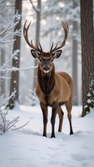 Majestic deer poses serene in snow-covered woodland gazing at the viewer