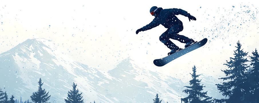 Snowboarder soaring through the air in a freestyle jump, extreme snowboarding action with dramatic snowfilled landscape below