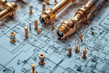 Close-up shot of plumbing parts. The photo shows fittings, connectors, and a blueprint, ideal for illustrating engineering and construction projects.
