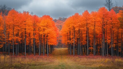 Fototapeta premium Autumnal Pathway Through Vivid Red Trees