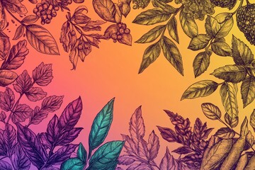 ayurvedic botanical pattern, hand-drawn vibrant ayurvedic botanicals in colorful hues on a gradient backdrop for a soothing vibe