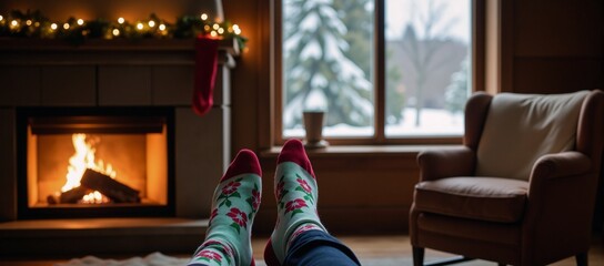 Warm winter setting Fluffy socks by a cozy Christmas-lit fireplace next to a sparkling tree