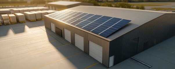 Fototapeta premium Aerial shot of a distribution center covered in solar panels, highlighting green energy and efficient transport logistics 3D render