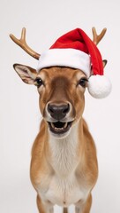 A humorous reindeer donning Santa hat captured against a vibrant colored backdrop for a fun studio setting