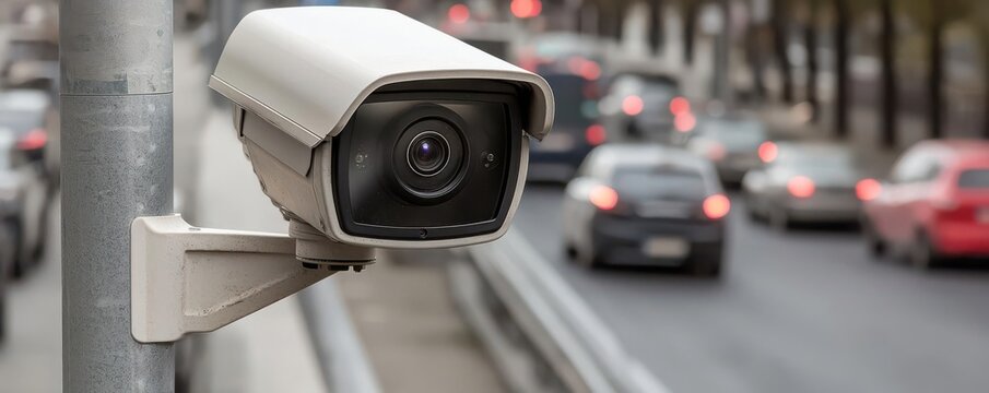 Advanced night vision security camera monitoring urban traffic with a digital cybersecurity overlay, highlighting modern surveillance technology - Powered by Adobe