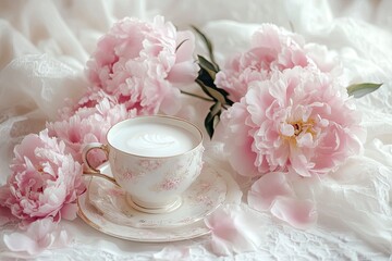 An enchanting scene of pink peonies, a comforting cup of coffee with milk, and feminine details, all beautifully arranged on a white backdrop. with generatife ai