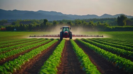 Fototapeta premium Tractor Spraying Crops in a Lush Field
