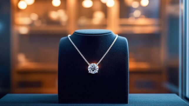 Diamond necklace elegantly showcased in a jewelry store display under warm lighting