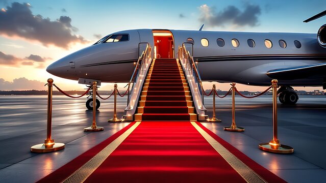 Private jet with red carpet and golden stanchions at sunset