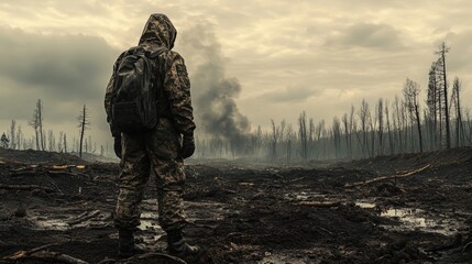 A man in protective clothing stands on scorched earth with dying trees on the horizon. a metaphor for the struggle between man and nature. climate change and pollution