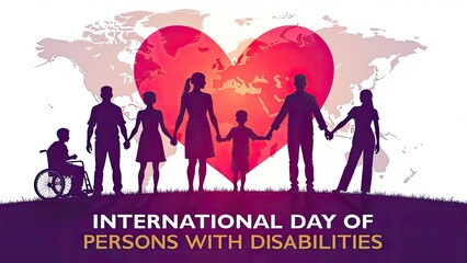 Celebrating International Day of Persons with Disabilities Silhouettes Heart World Map Background, unity concept