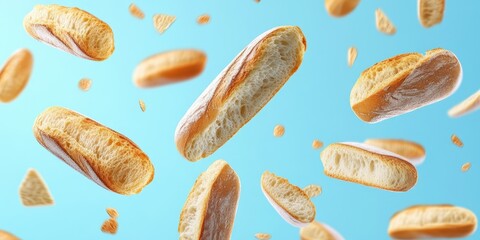 A vibrant display of floating bread rolls against a bright blue background, perfect for food and culinary themes.