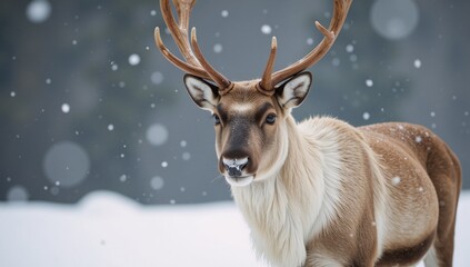 A towering-horned reindeer stands amidst the snowy landscape