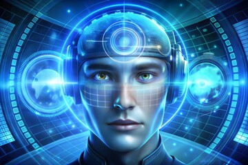 Obraz premium Portrait of man with futuristic technology interface