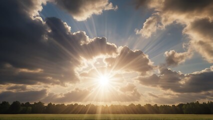 A cloudy sky texture with beams of sunlight piercing through, casting bright, warm rays across the sky. Perfect for light, serene, or hopeful designs.