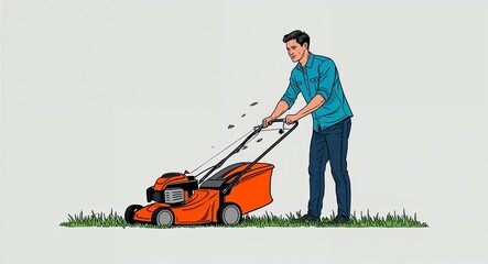 Hand drawing clipart of a man cutting grass with lawnmower on plain white background