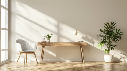 Minimalist home office with beige tones, empty wall mockup, modern chair and desk lamp on a white background, contemporary interior design concept