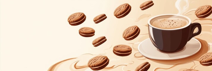 Obraz premium A whimsical coffee scene featuring a cup of coffee and floating cookies, perfect for cozy moments and sweet indulgence.