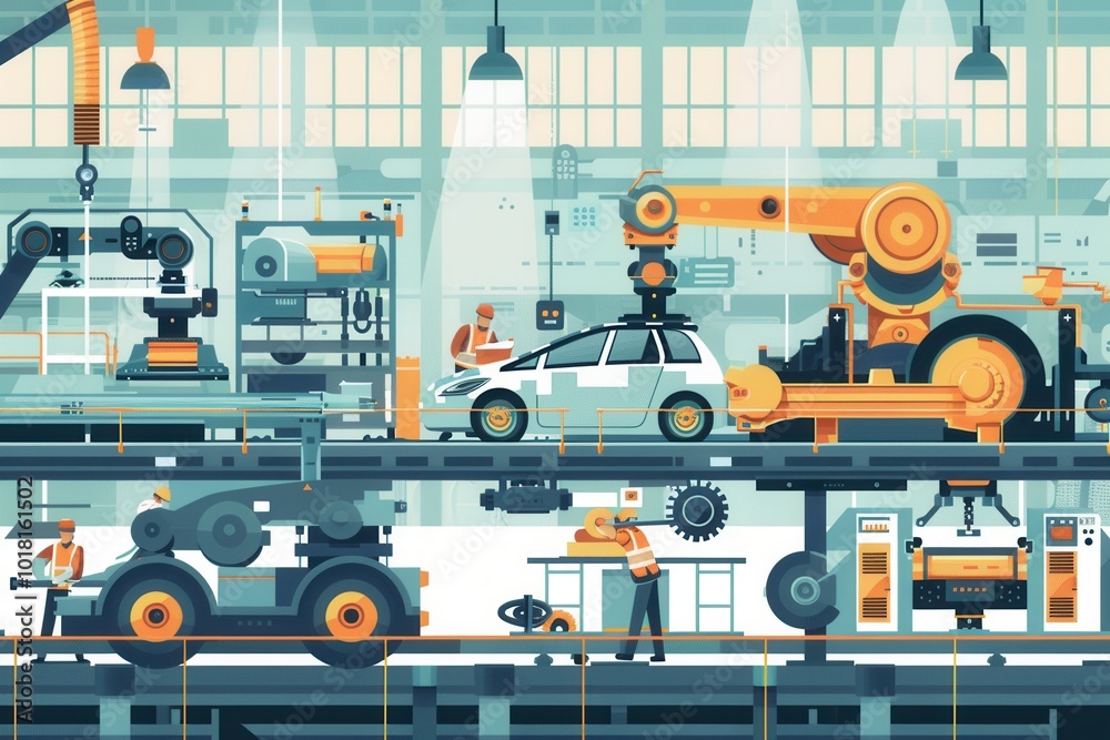Leinwandbilder in a bustling factory, workers engage with machinery to create essential car parts and components ef