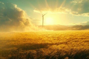Obraz premium A Single Wind Turbine Stands in a Golden Field at Sunset