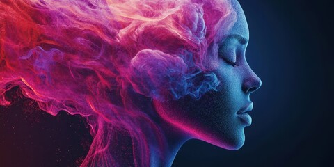 An artistic representation of a woman's profile with vibrant smoke effects, evoking creativity and introspection.