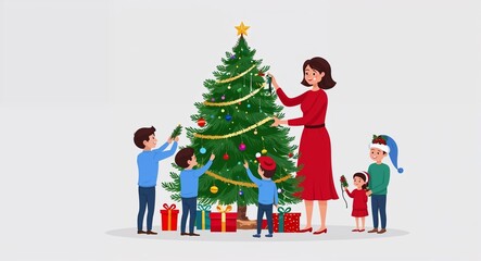 Hand drawing clipart of a mother decorating Christmas tree with family on plain white background