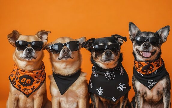 Funny cool group of gang dogs in sunglasses bandana posing for studio fashion shoot, creative animal pet character in costume background. Halloween national celebration event editorial advertisement 
