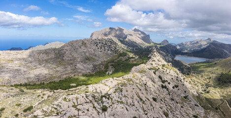 View of the Tramontana mountain range with Puig Mayor, 1445 meters, and the Son Torrella mountain range, municipality of Escorca,Mallorca, Balearic Islands, Spain