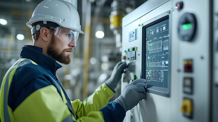 A technician in safety gear is working on an industrial control panel, maintaining a frequent focus on the screen of a digital display. The white and grey machine with buttons and